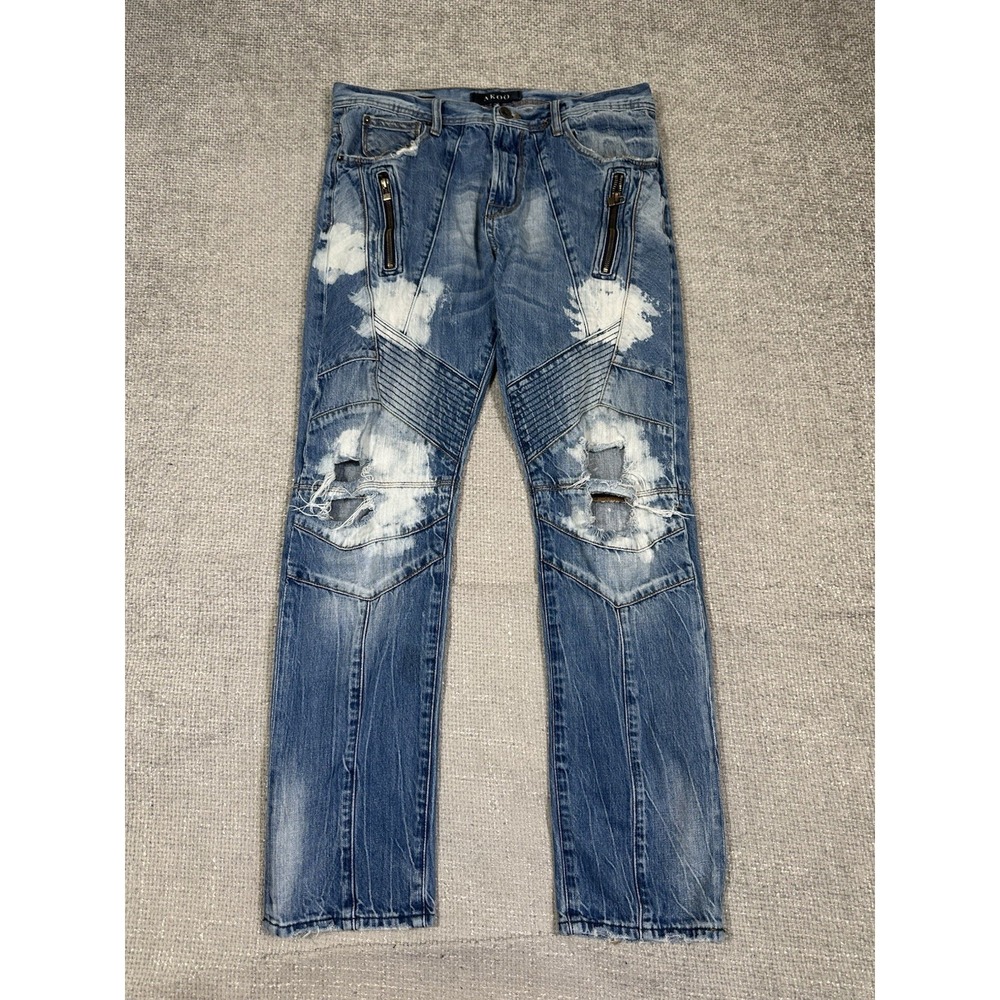 Akoo Jeans Mens 34x30 Blue‎ Distressed Moto Biker Delinquent Bleached Read